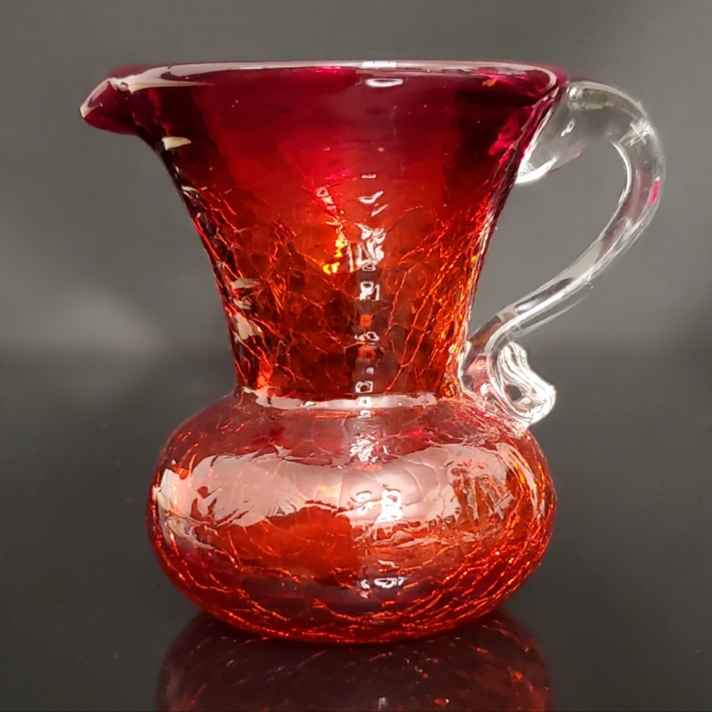 Vntg 3 3/8" Amberina Crackle Glass Jug / Pitcher